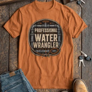 Funny Plumber Tee - "Professional Water Wrangler" Rustic Rope Graphic T-Shirt — yam t-shirt, flat-lay product photo | Pressure Tested Co