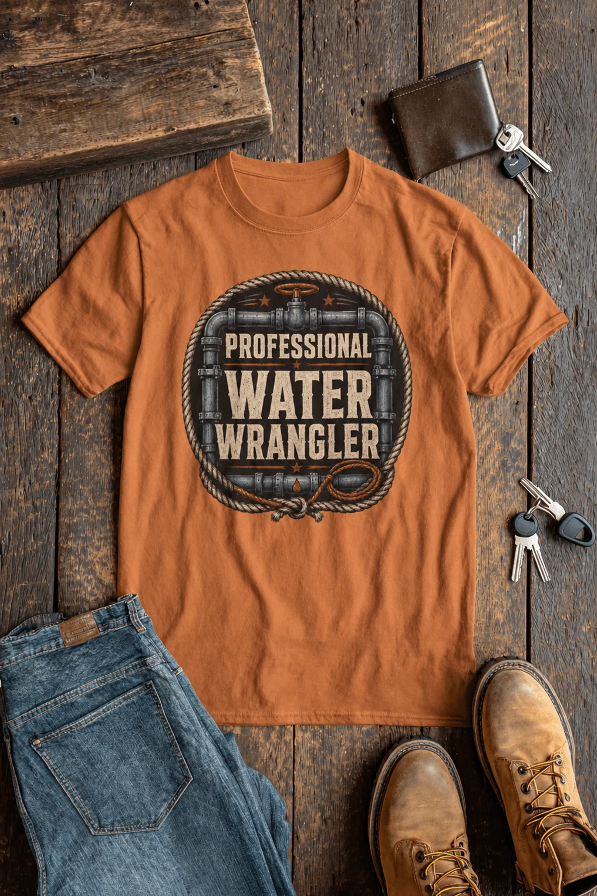 Funny Plumber Tee - "Professional Water Wrangler" Rustic Rope Graphic T-Shirt — yam t-shirt, flat-lay product photo | Pressure Tested Co