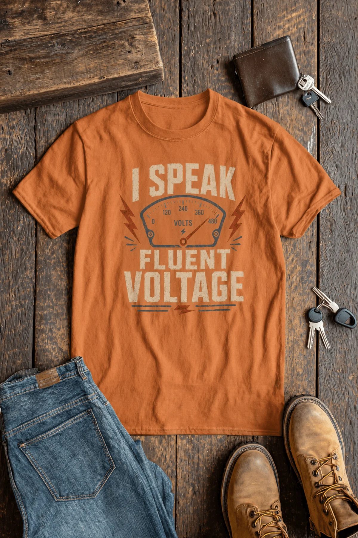 I Speak Fluent Voltage T-Shirt — Electrician & Electronics Tech Gift — yam t-shirt, flat-lay product photo | Pressure Tested Co