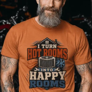 HVAC Technician T-Shirt — "I Turn Hot Rooms Into Happy Rooms" Vintage HVAC Shirt — yam t-shirt, model photo | Pressure Tested Co