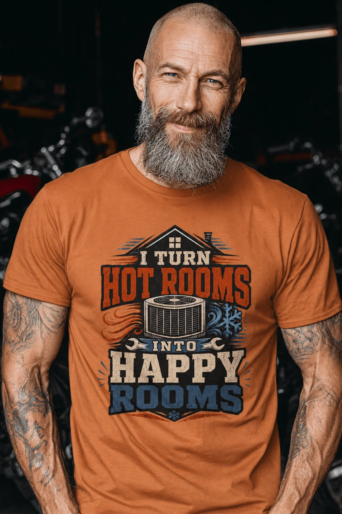 HVAC Technician T-Shirt — "I Turn Hot Rooms Into Happy Rooms" Vintage HVAC Shirt — yam — Model HVAC Technician T-Shirt — "I Turn Hot Rooms Into Happy Rooms" Vintage HVAC Shirt — yam t-shirt, model photo | Pressure Tested Co
