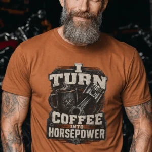 Mechanic Technician T-Shirt — "I Turn Coffee Into Horsepower" Vintage Work Shirt — yam t-shirt, model photo | Pressure Tested Co
