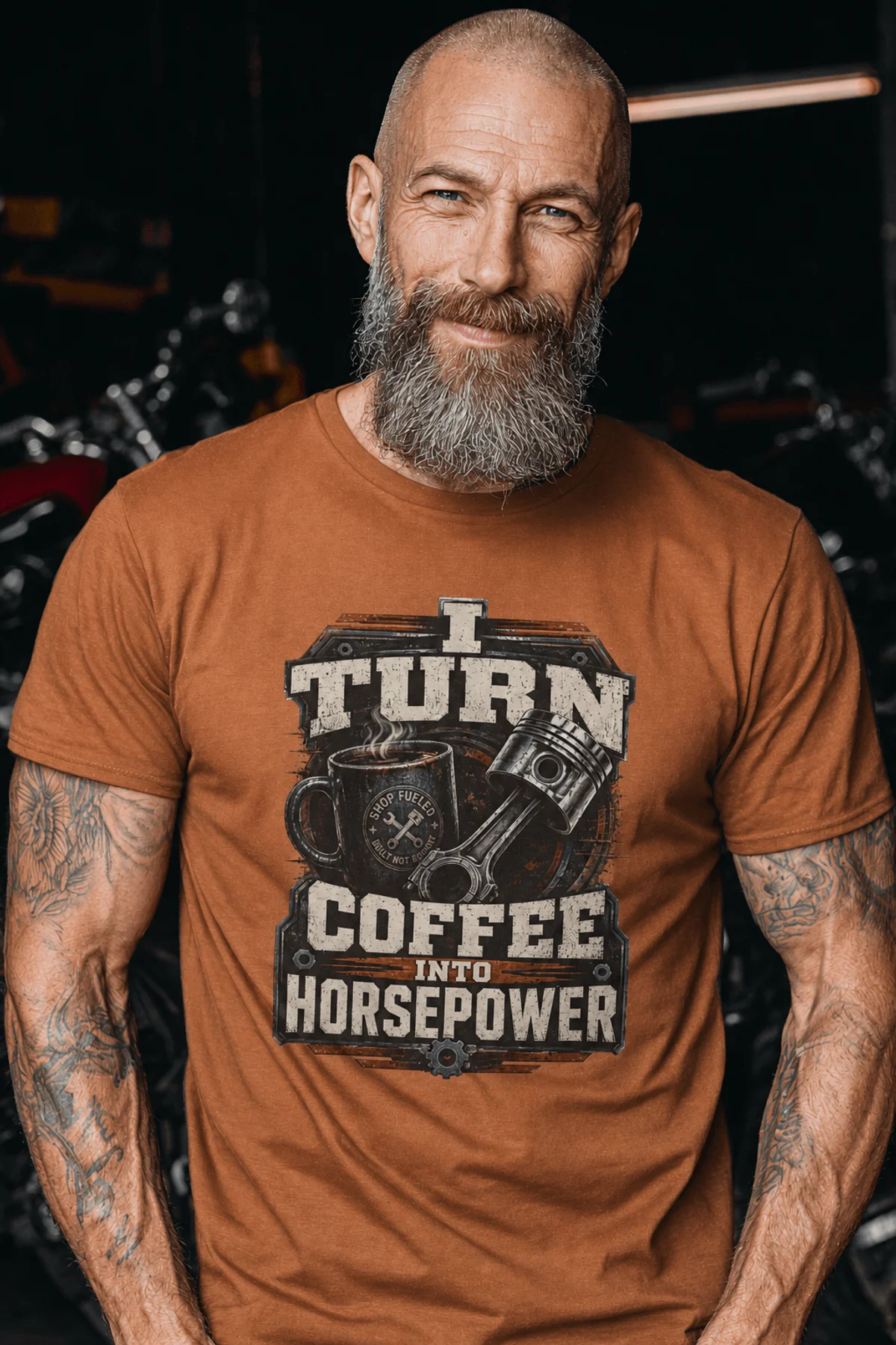 Mechanic Technician T-Shirt — "I Turn Coffee Into Horsepower" Vintage Work Shirt — yam — Model Mechanic Technician T-Shirt — "I Turn Coffee Into Horsepower" Vintage Work Shirt — yam t-shirt, model photo | Pressure Tested Co