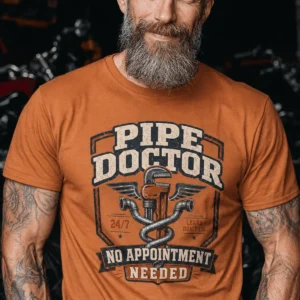 Plumber T-Shirt — "Pipe Doctor. No Appointment Needed" Vintage Work Shirt — yam t-shirt, model photo | Pressure Tested Co