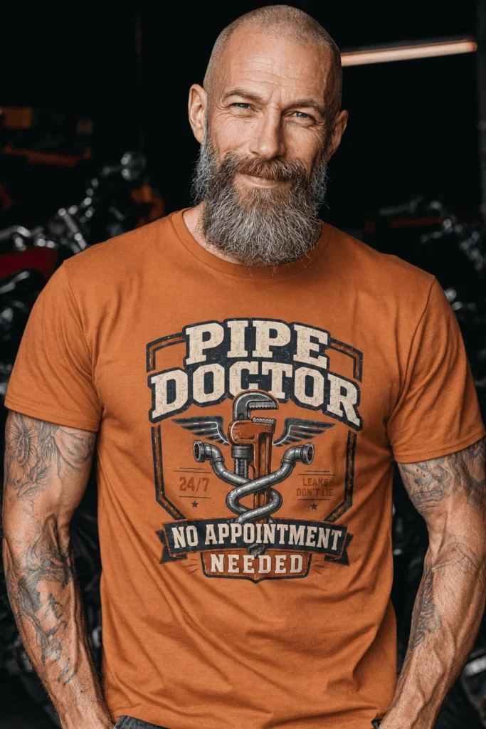 Plumber T-Shirt — "Pipe Doctor. No Appointment Needed" Vintage Work Shirt — yam t-shirt, model photo | Pressure Tested Co