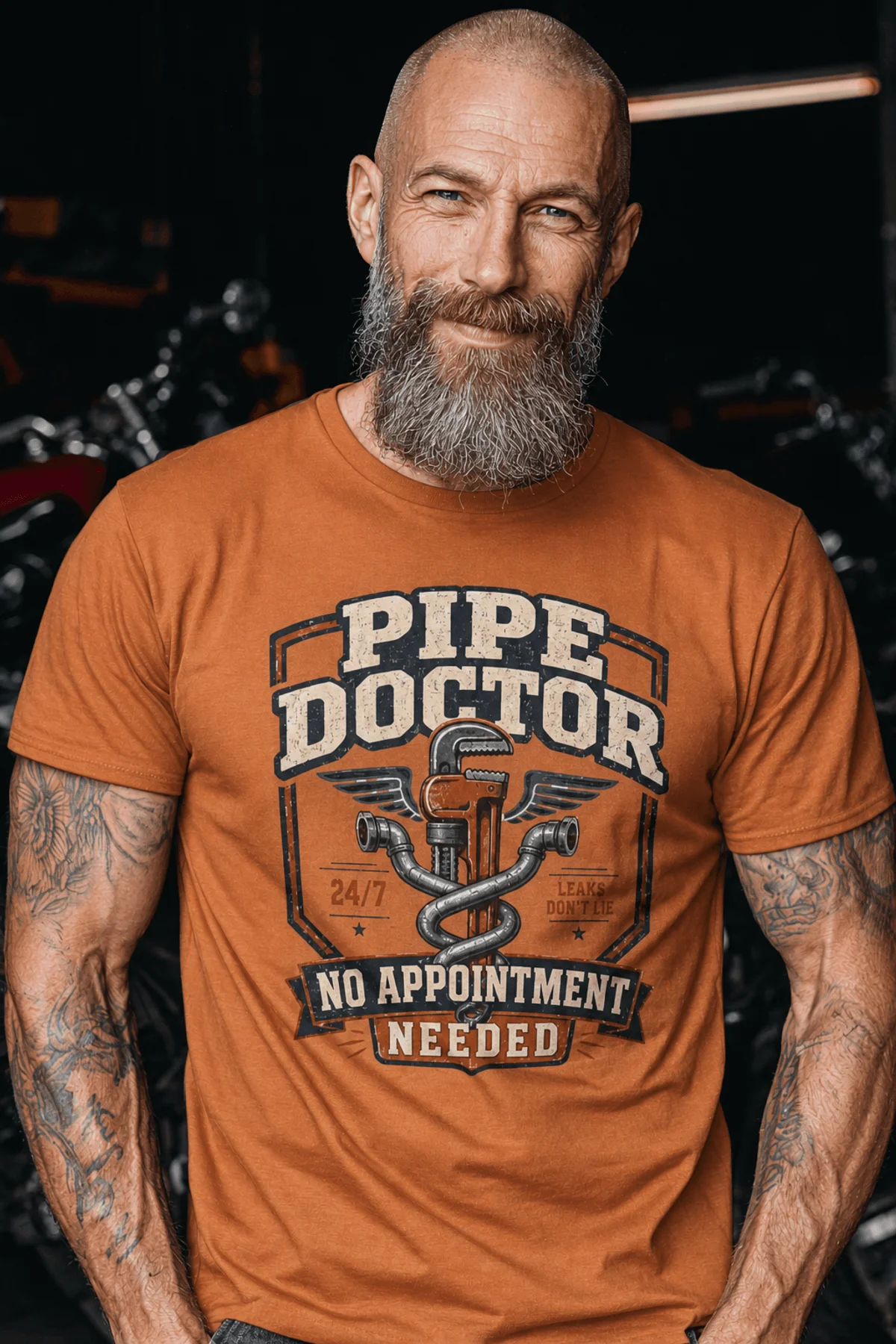Plumber T-Shirt — "Pipe Doctor. No Appointment Needed" Vintage Work Shirt — yam — Model Plumber T-Shirt — "Pipe Doctor. No Appointment Needed" Vintage Work Shirt — yam t-shirt, model photo | Pressure Tested Co