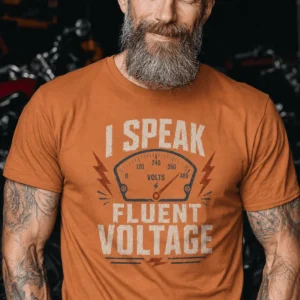 I Speak Fluent Voltage T-Shirt — Electrician & Electronics Tech Gift — yam t-shirt, model photo | Pressure Tested Co