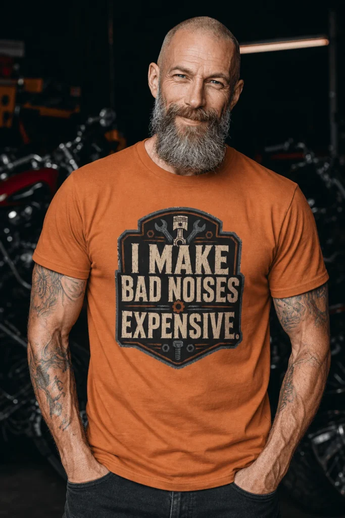 Funny Mechanic Tee - "I Make Bad Noises Expensive" Technician Worker/ Mechanic / Gearhead Tee — yam t-shirt, model photo | Pressure Tested Co