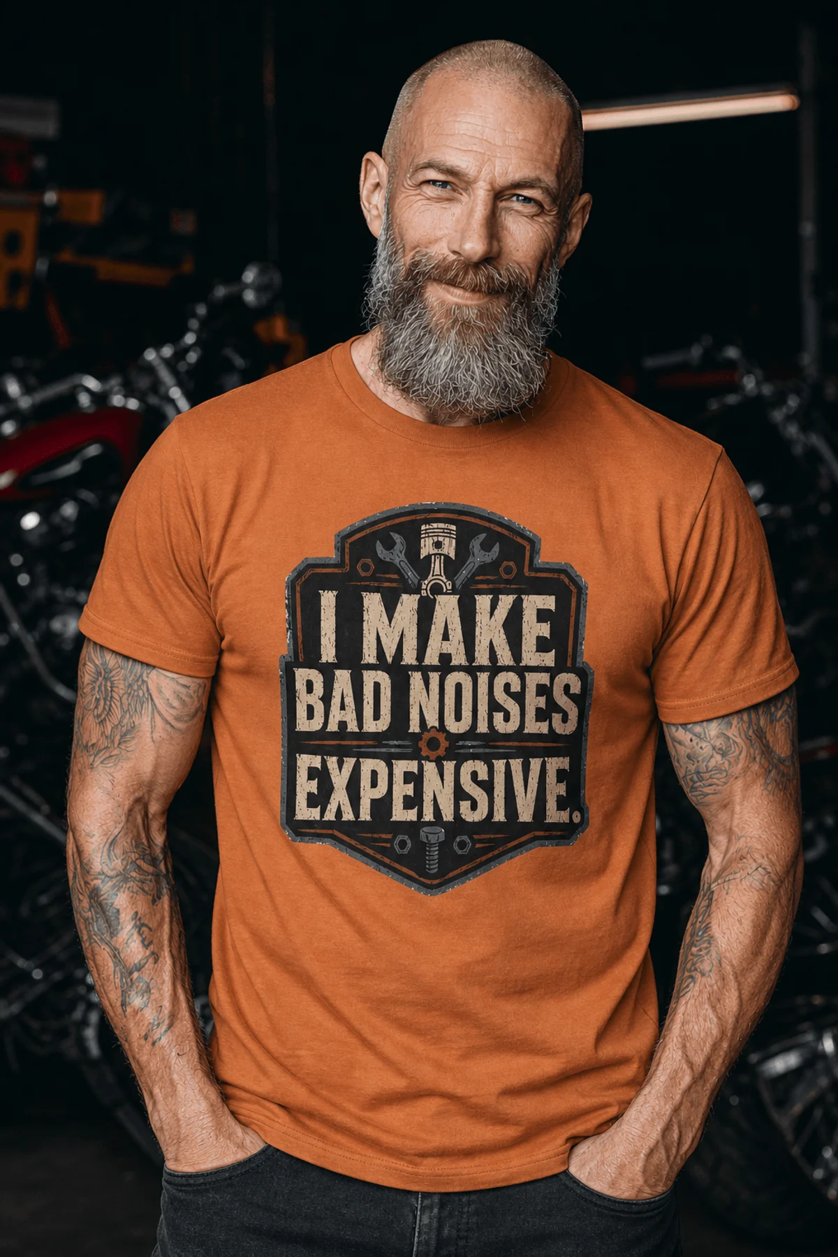 Funny Mechanic Tee - "I Make Bad Noises Expensive" Technician Worker/ Mechanic / Gearhead Tee — yam t-shirt, model photo | Pressure Tested Co