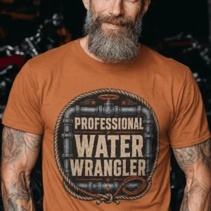 Funny Plumber Tee - "Professional Water Wrangler" Rustic Rope Graphic T-Shirt — yam t-shirt, model photo | Pressure Tested Co