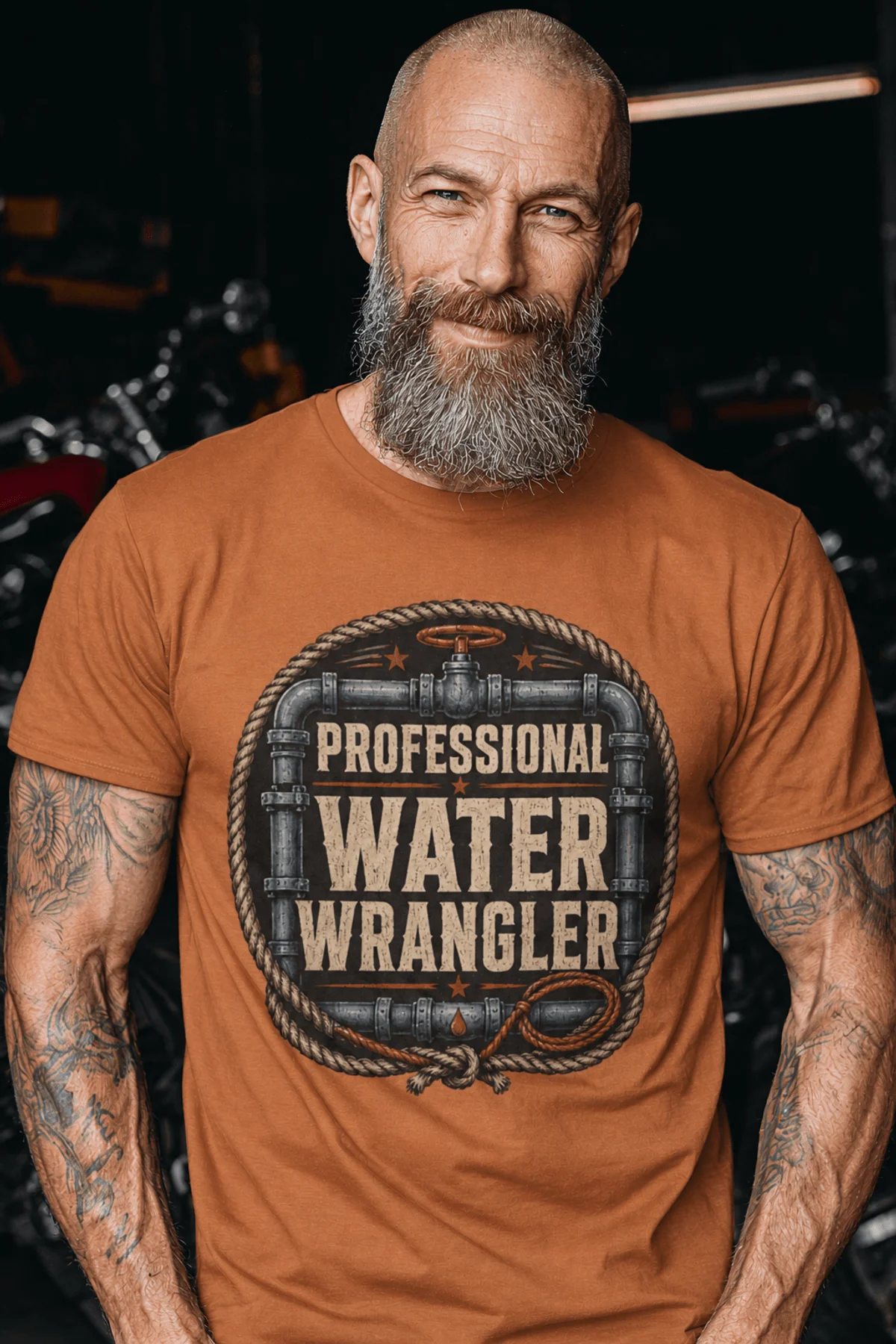 Funny Plumber Tee - "Professional Water Wrangler" Rustic Rope Graphic T-Shirt — yam t-shirt, model photo | Pressure Tested Co