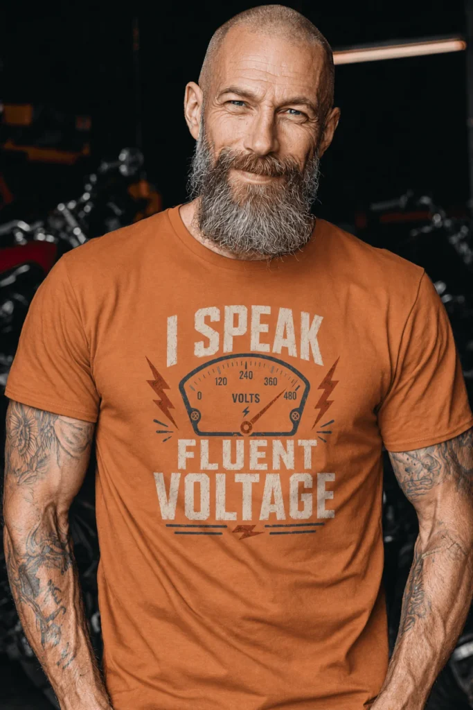 I Speak Fluent Voltage T-Shirt — Electrician & Electronics Tech Gift — yam t-shirt, model photo | Pressure Tested Co
