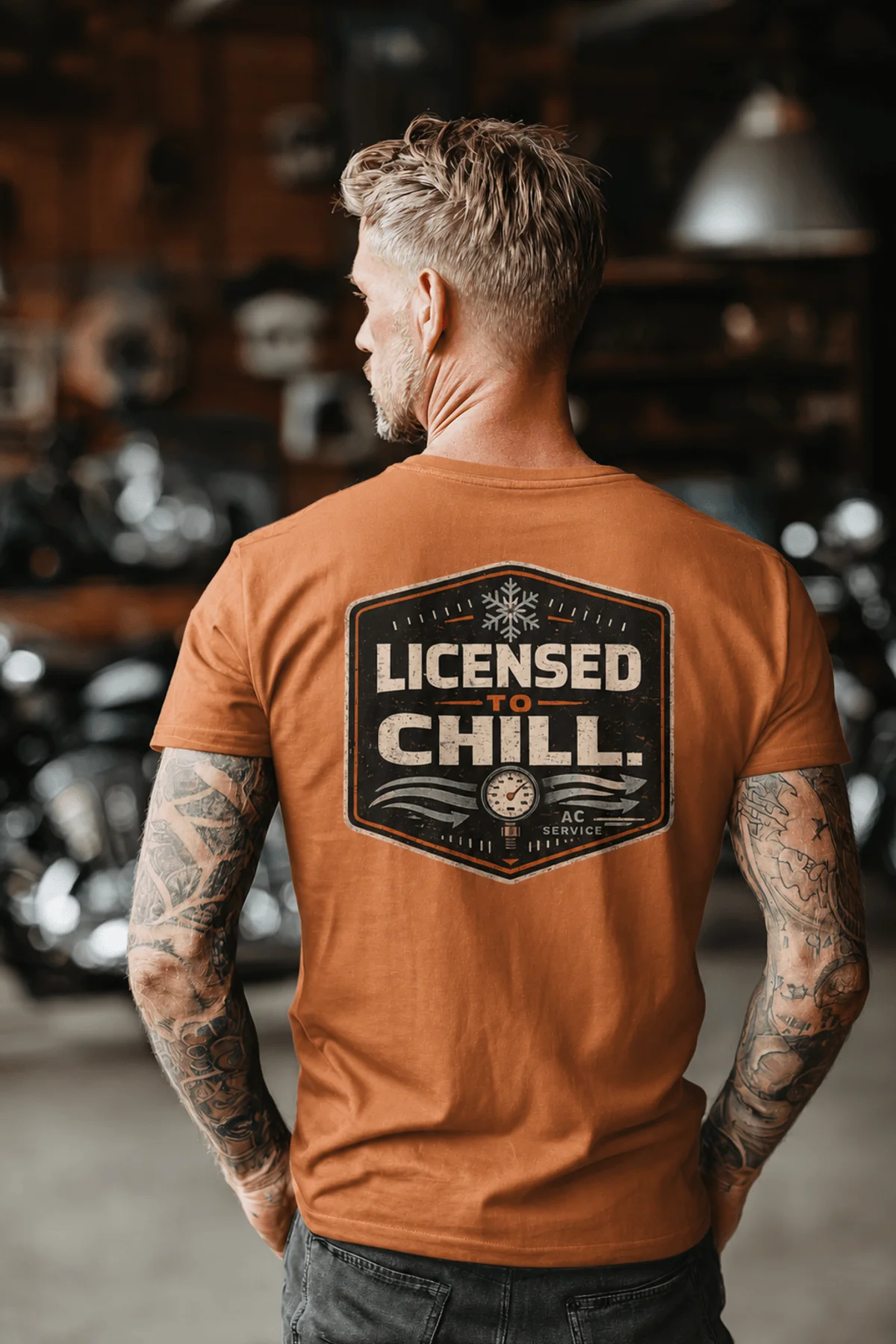 Funny HVAC Tee - "Licensed To Chill" HVAC Technician T-Shirt — yam t-shirt, model photo | Pressure Tested Co