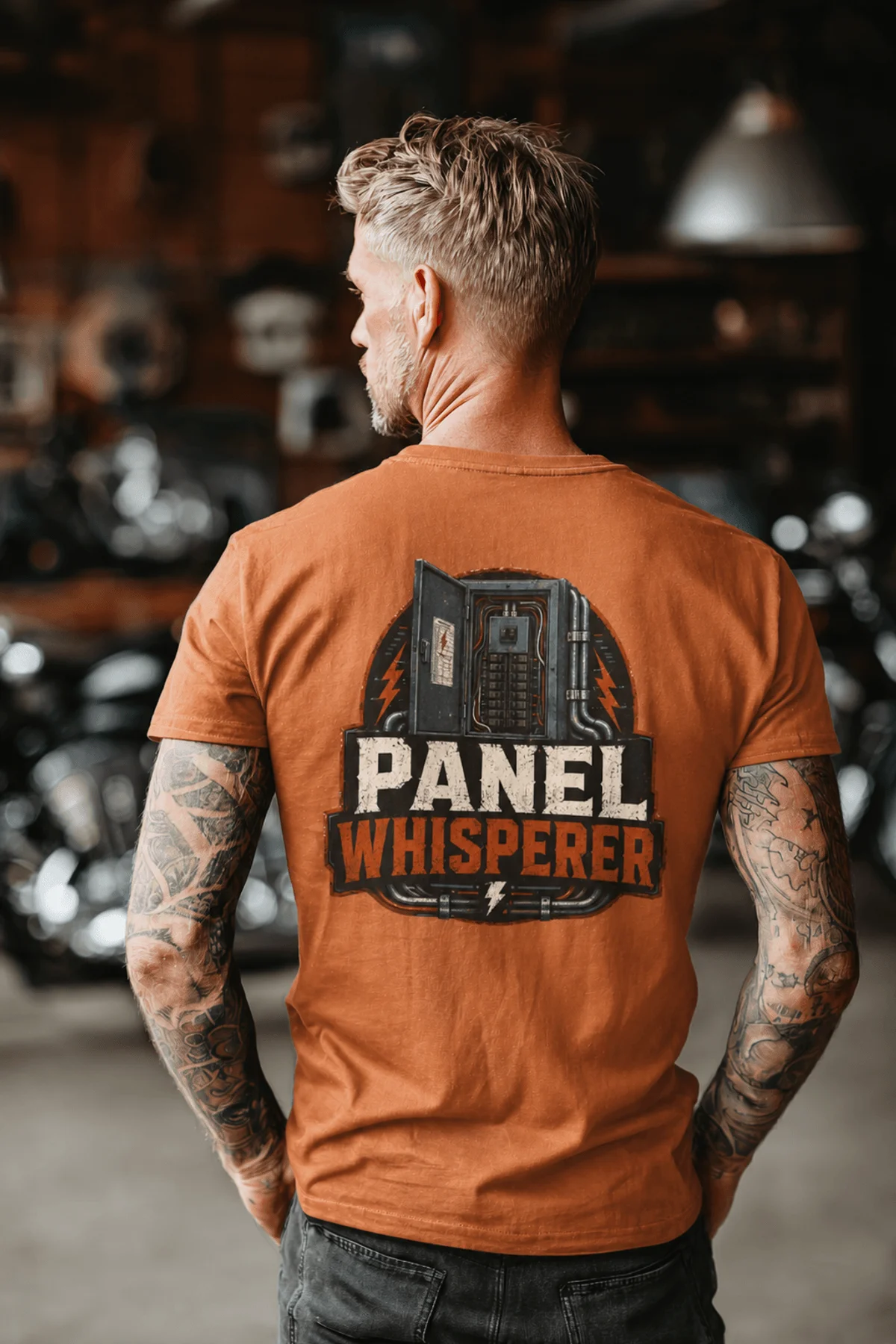 Funny Electrician Tee - "Panel Whisperer" Electrical Worker T-Shirt — yam t-shirt, model photo | Pressure Tested Co