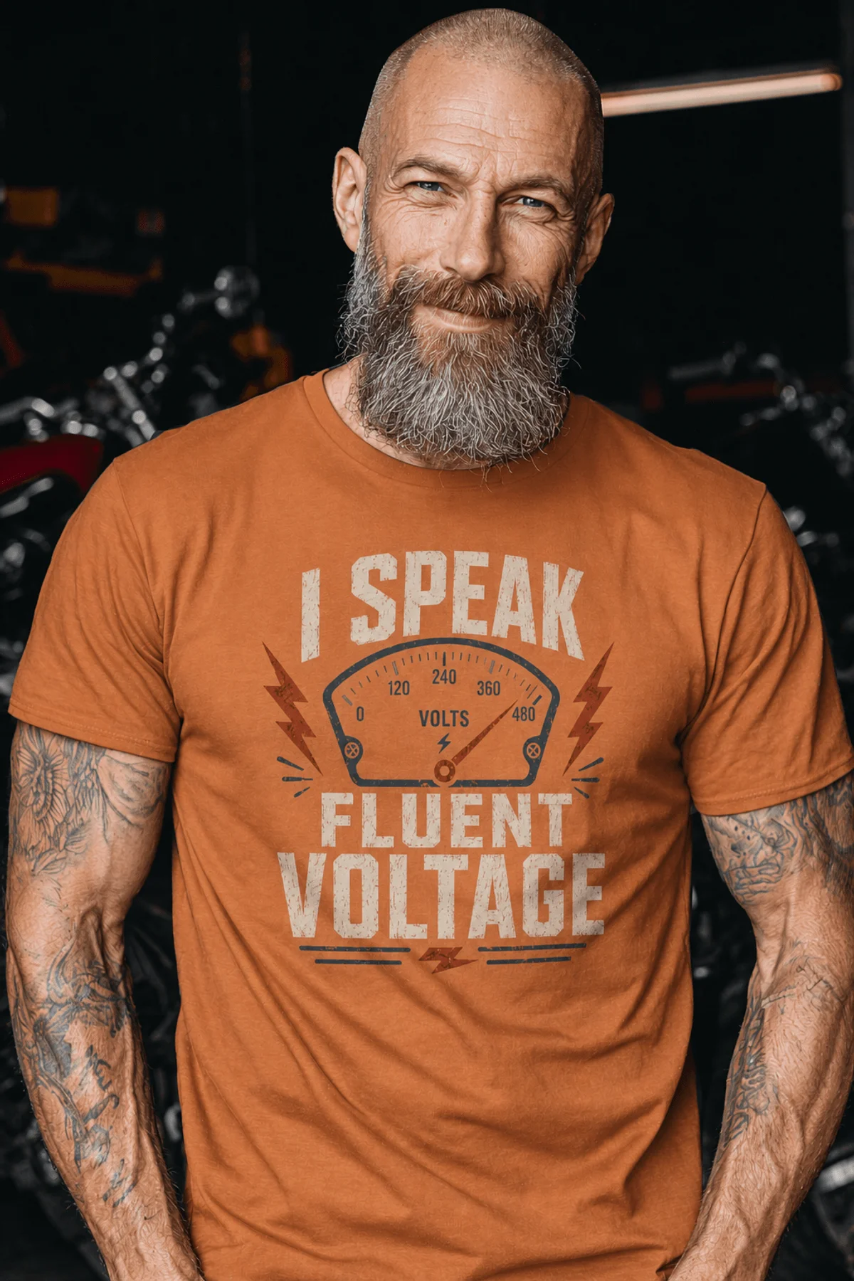 I Speak Fluent Voltage T-Shirt — Electrician & Electronics Tech Gift — yam t-shirt, model photo | Pressure Tested Co
