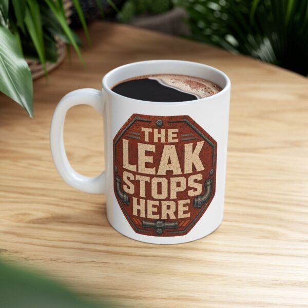 'The Leak Stops Here' Ceramic Mug with Stop Sign Badge — Funny Plumber White Coffee Cup (11oz, 15oz)