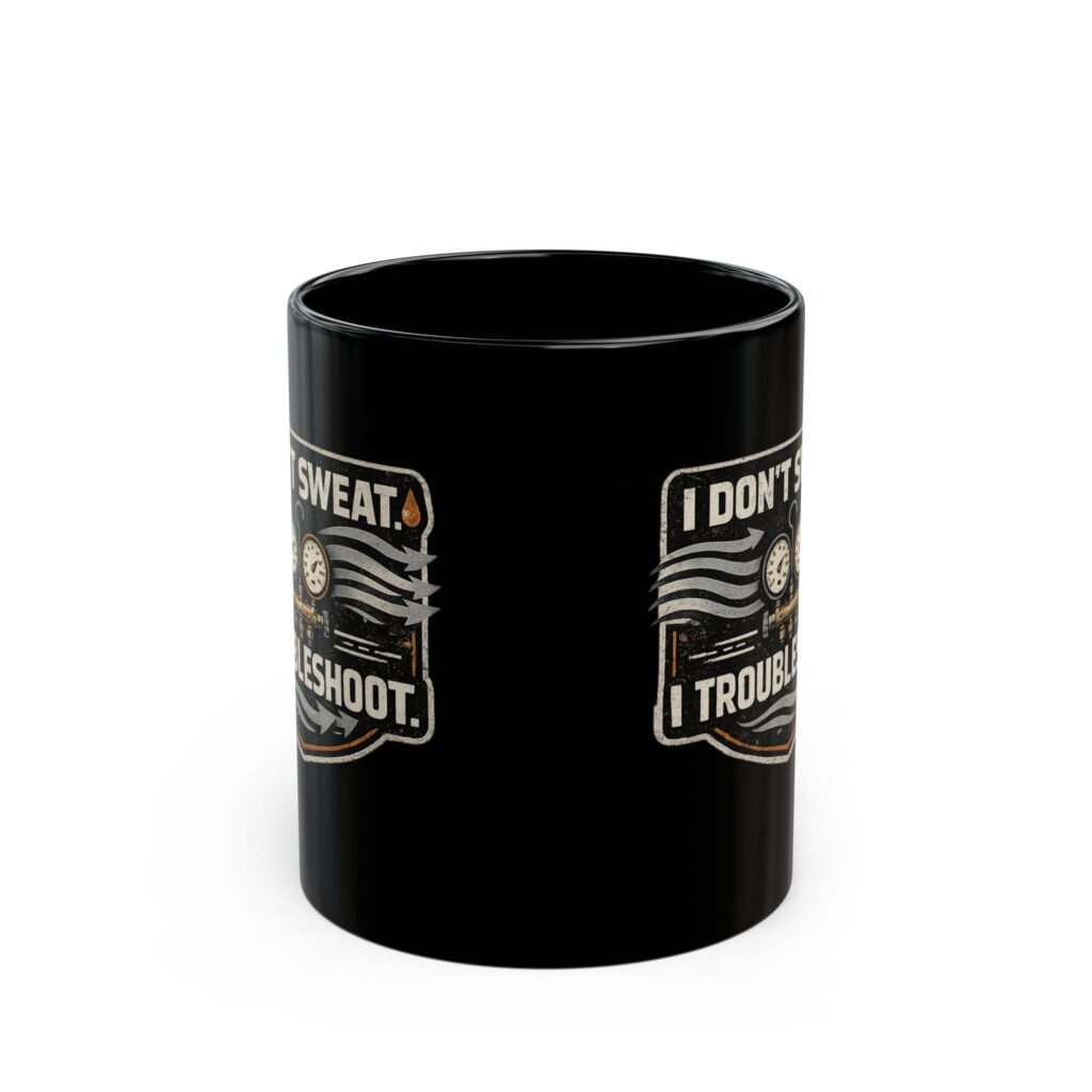 HVAC Tech Coffee Cup – "I Don't Sweat. I Troubleshoot." Retro Tech Mug (Black 11oz / 15oz)