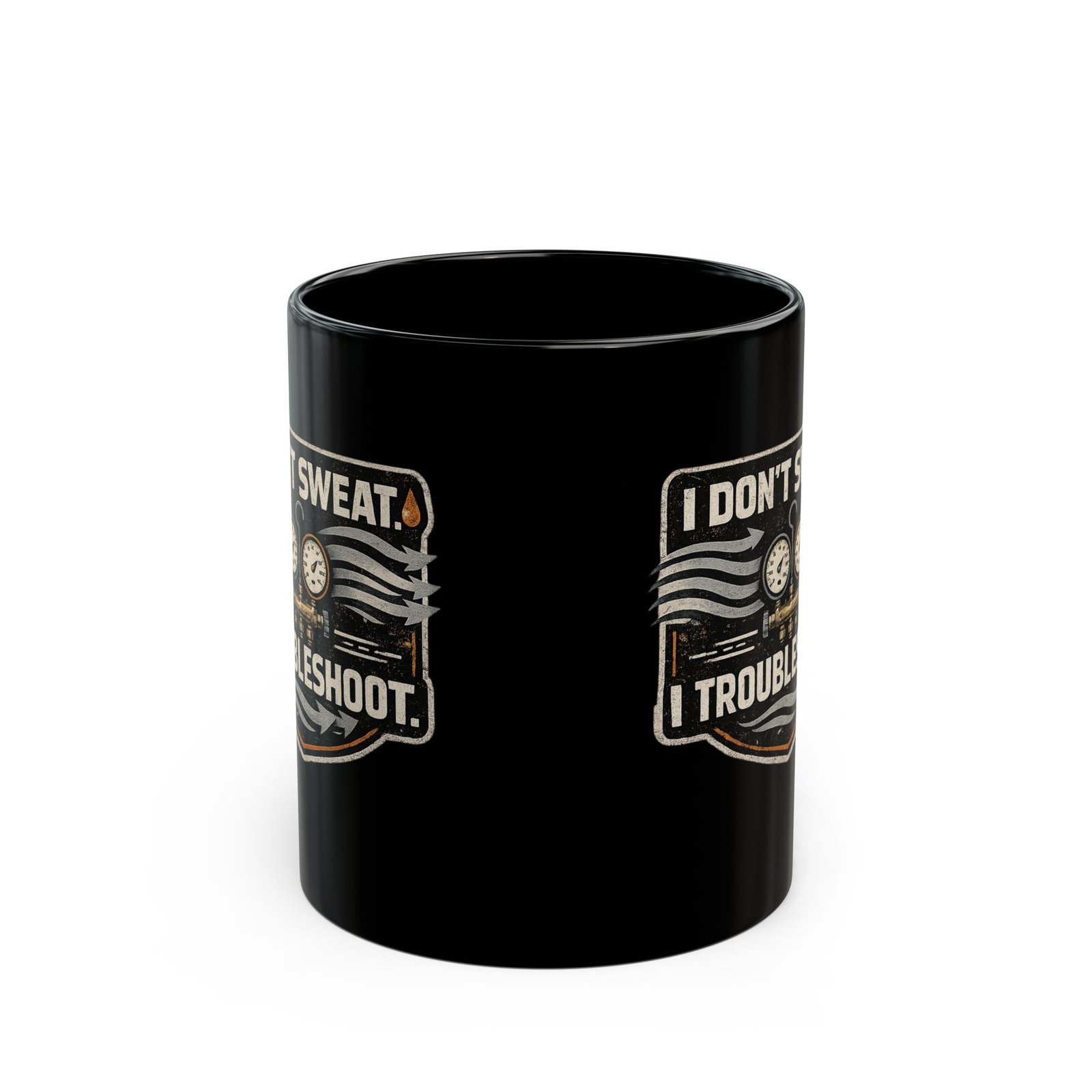 HVAC Tech Coffee Cup – "I Don't Sweat. I Troubleshoot." Retro Tech Mug (Black 11oz / 15oz) - Image 14