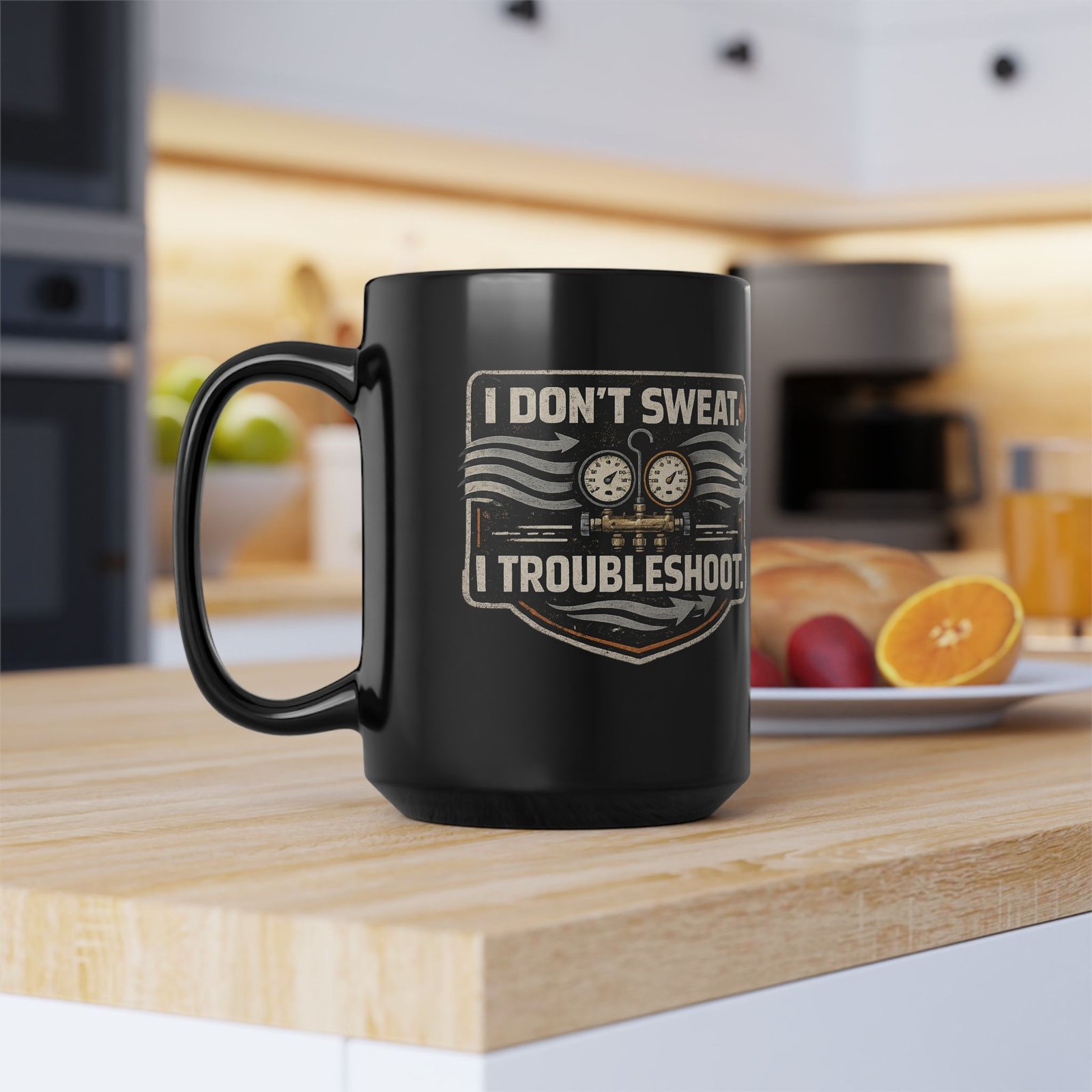 HVAC Tech Coffee Cup – "I Don't Sweat. I Troubleshoot." Retro Tech Mug (Black 11oz / 15oz) - Image 4