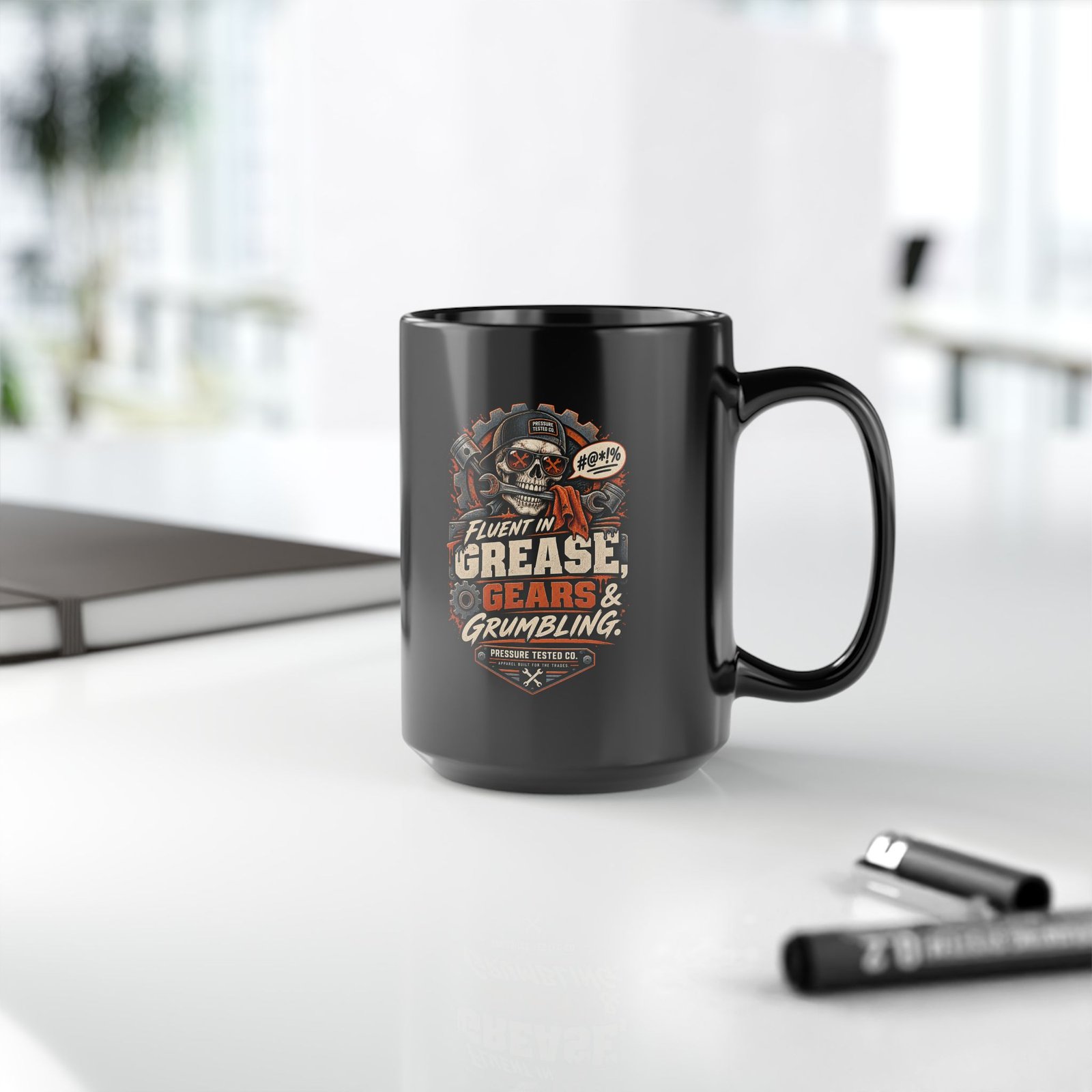 Mechanic Skull Mug — "Fluent in Grease, Gears and Grumbling" Black Coffee Cup (11oz/15oz) - Image 5