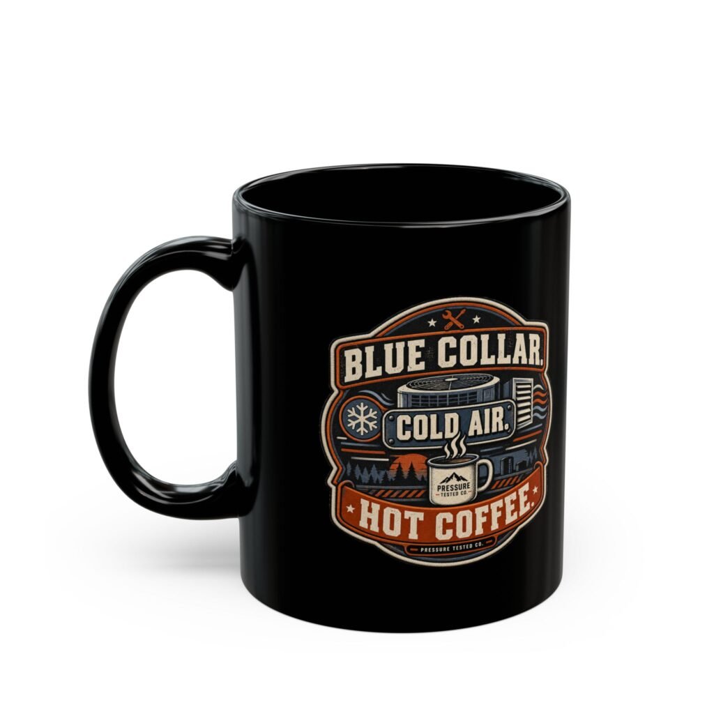 HVAC Mug — "Blue Collar. Cold Air. Hot Coffee." Black Coffee Cup (11oz / 15oz)
