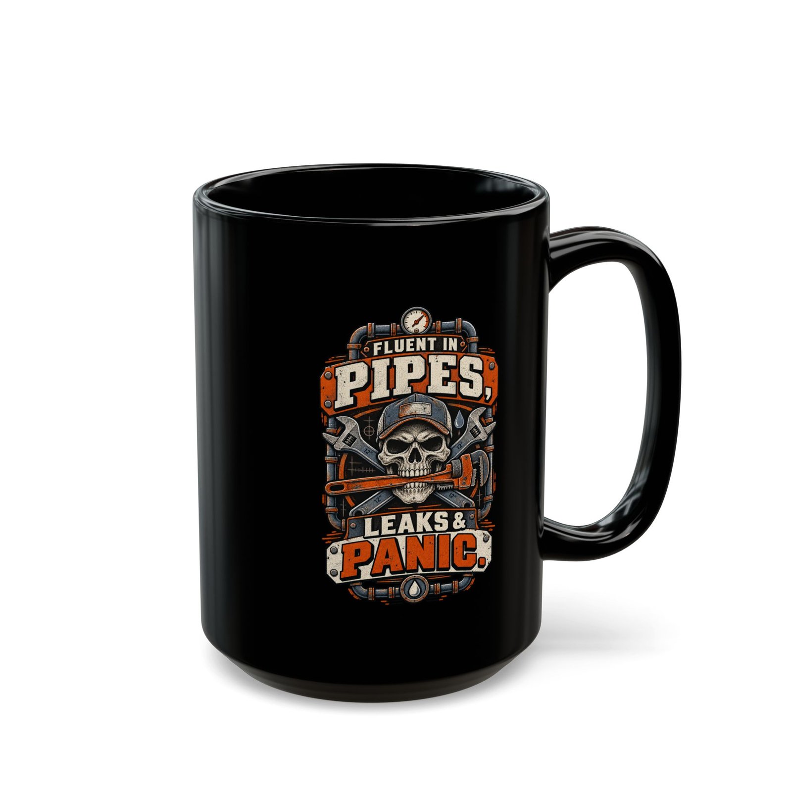 Plumber Skull Mug — "Fluent in Pipes, Leaks and Panic" Black Coffee Cup (11oz/15oz) - Image 6