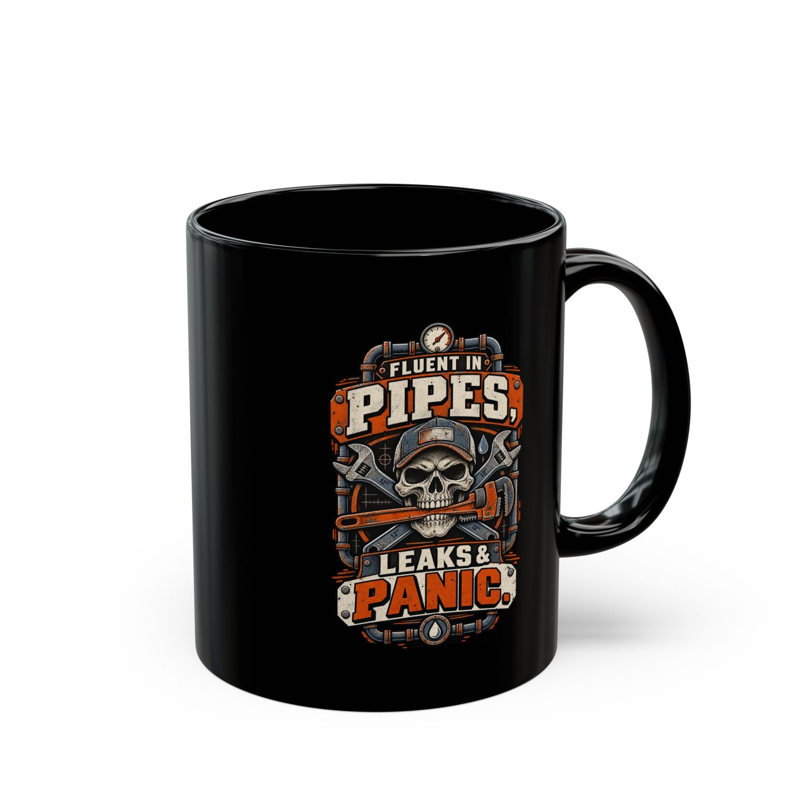 Plumber Skull Mug — "Fluent in Pipes, Leaks and Panic" Black Coffee Cup (11oz/15oz) - Image 11
