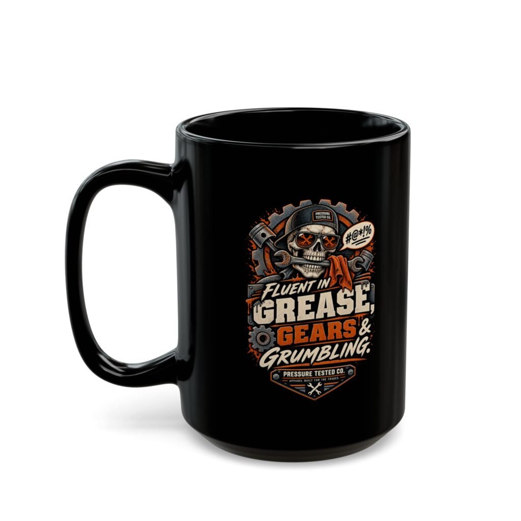 Mechanic Skull Mug — "Fluent in Grease, Gears and Grumbling" Black Coffee Cup (11oz/15oz)