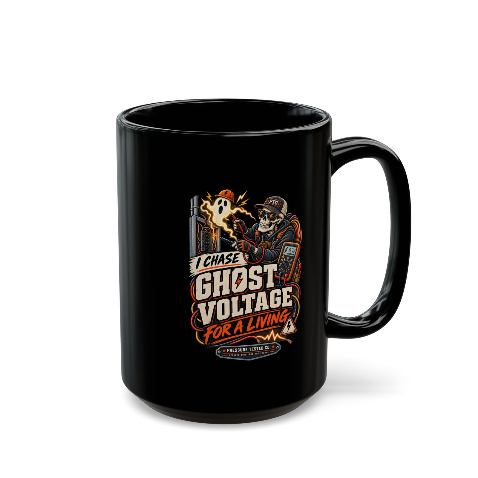 Ghost Voltage Mug — "I Chase Ghost Voltage for a Living" Electrician Coffee Cup (Black 11 oz/15 oz) - Image 6