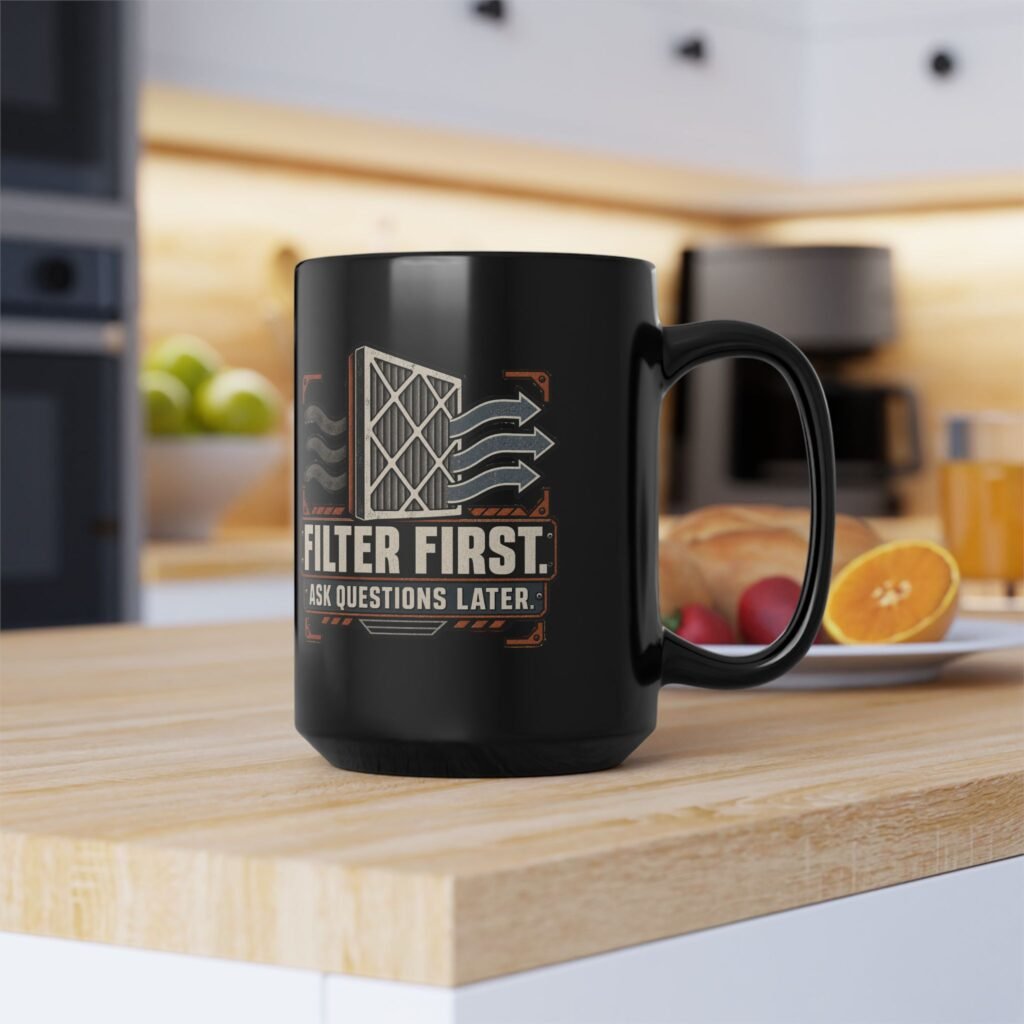 "Filter First. Ask Questions Later." HVAC Air Filter Graphic Black Coffee Mug (11oz, 15oz)