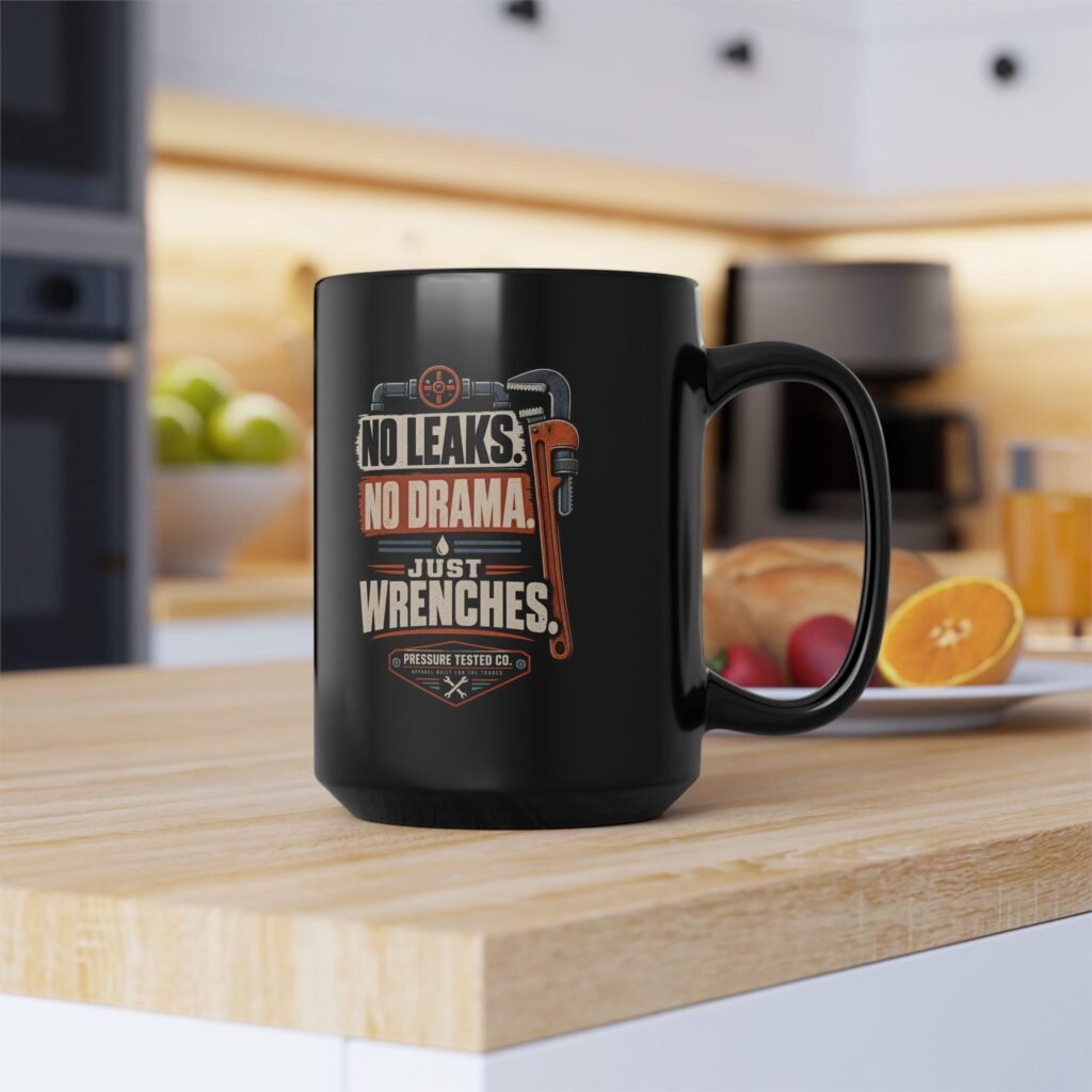 "No Leaks, No Drama, Just Wrenches" Vintage Plumbing Black Coffee Mug — Funny Novelty Plumber Gift ( Black 11oz, 15oz)