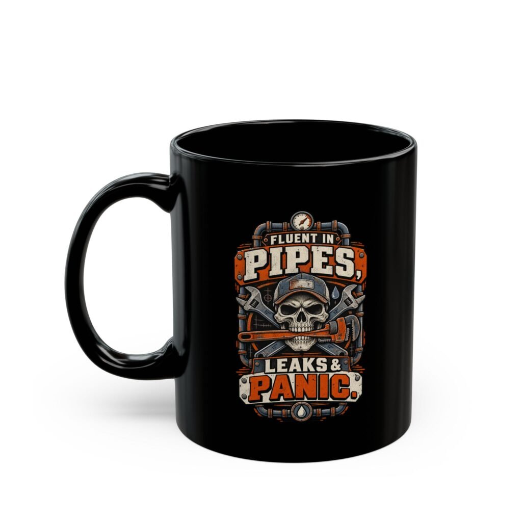 Plumber Skull Mug — "Fluent in Pipes, Leaks and Panic" Black Coffee Cup (11oz/15oz)