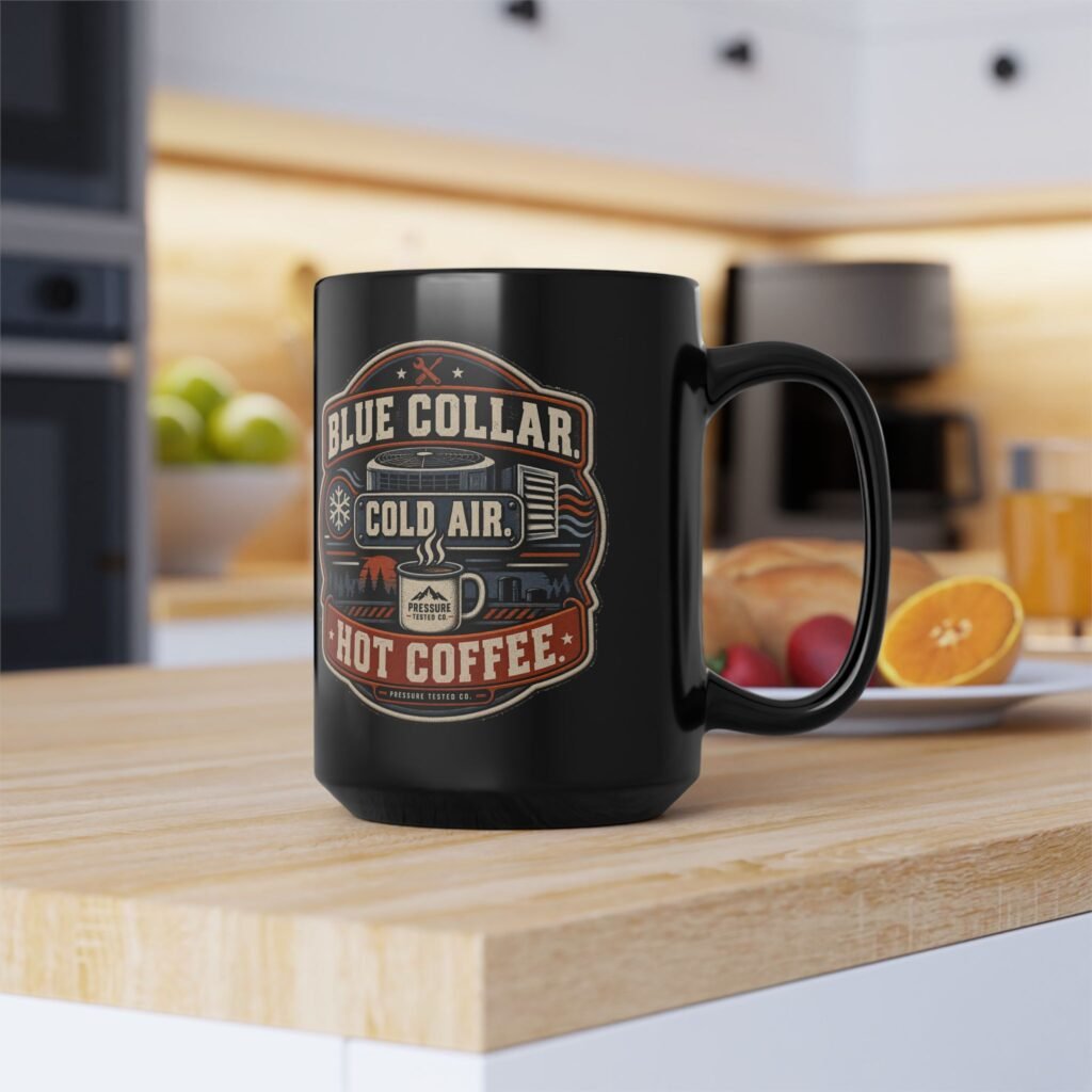 HVAC Mug — "Blue Collar. Cold Air. Hot Coffee." Black Coffee Cup (11oz / 15oz)