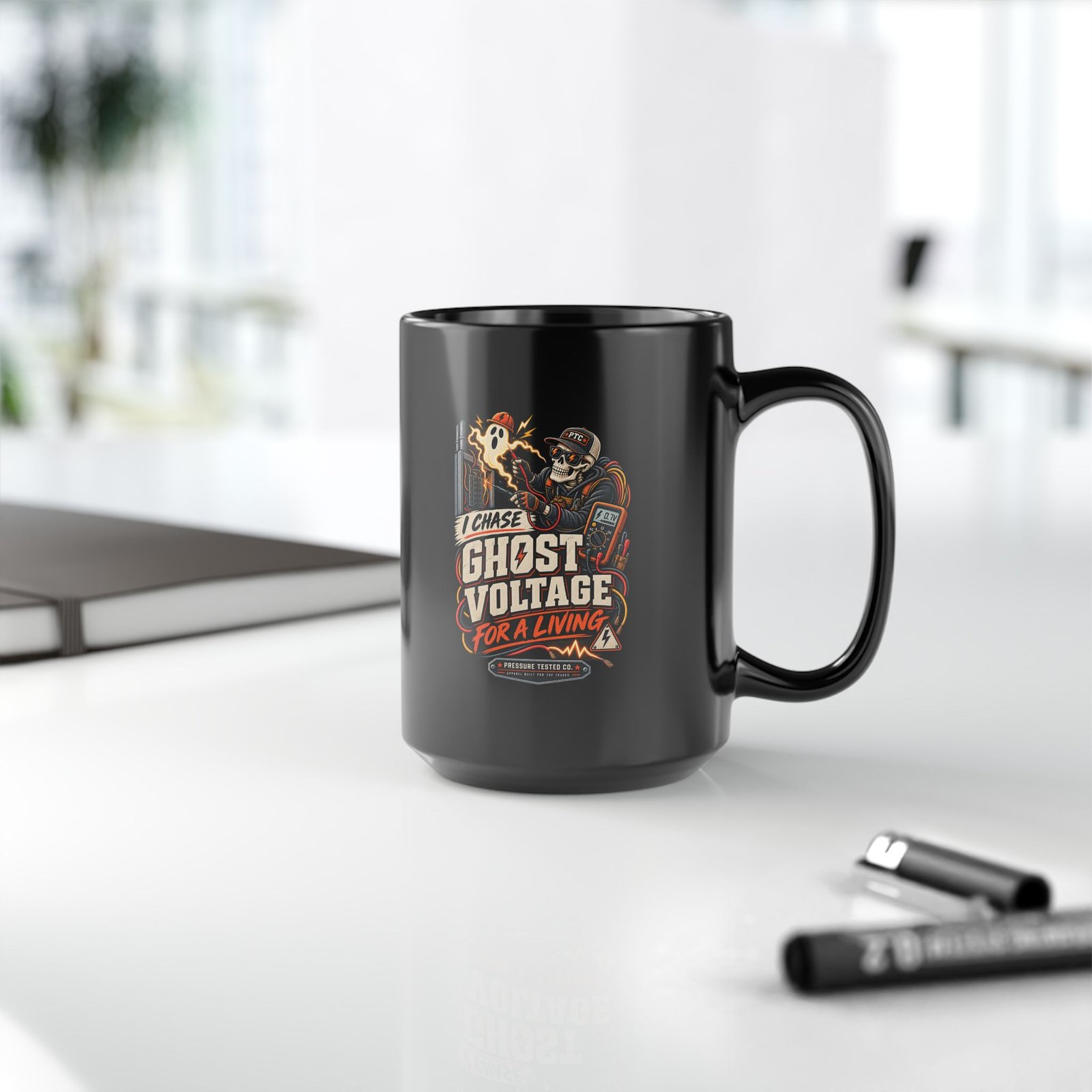 Ghost Voltage Mug — "I Chase Ghost Voltage for a Living" Electrician Coffee Cup (Black 11 oz/15 oz) - Image 5