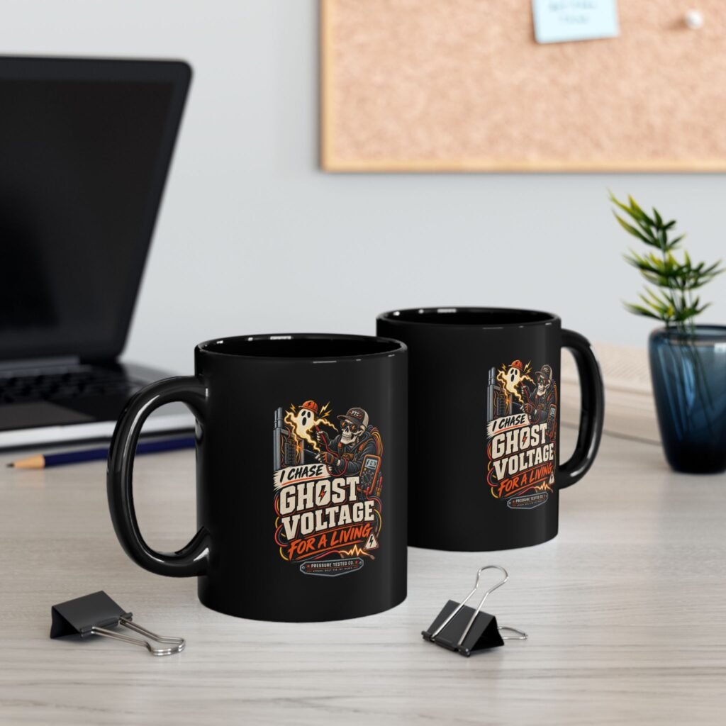 Ghost Voltage Mug — "I Chase Ghost Voltage for a Living" Electrician Coffee Cup (Black 11 oz/15 oz)