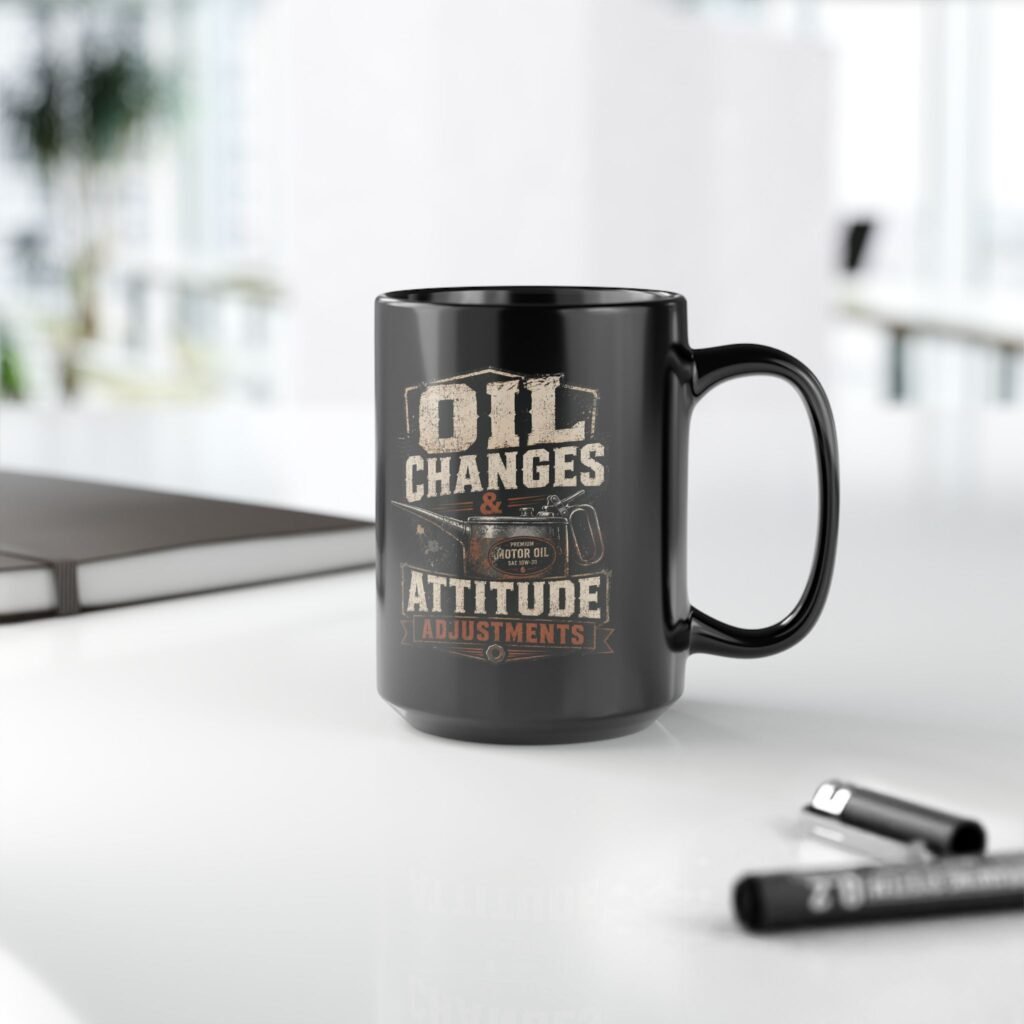 Mechanic's Mug — "Oil Changes and Attitude Adjustments" Black Coffee Cup (11oz / 15oz)