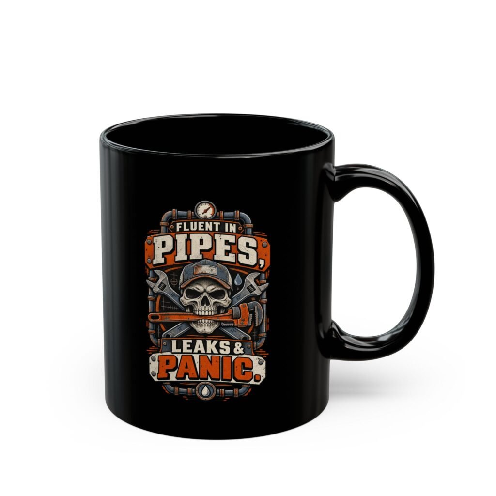 Plumber Skull Mug — "Fluent in Pipes, Leaks and Panic" Black Coffee Cup (11oz/15oz)