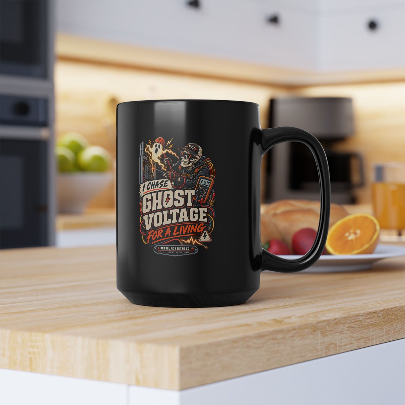 Ghost Voltage Mug — "I Chase Ghost Voltage for a Living" Electrician Coffee Cup (Black 11 oz/15 oz) - Image 1