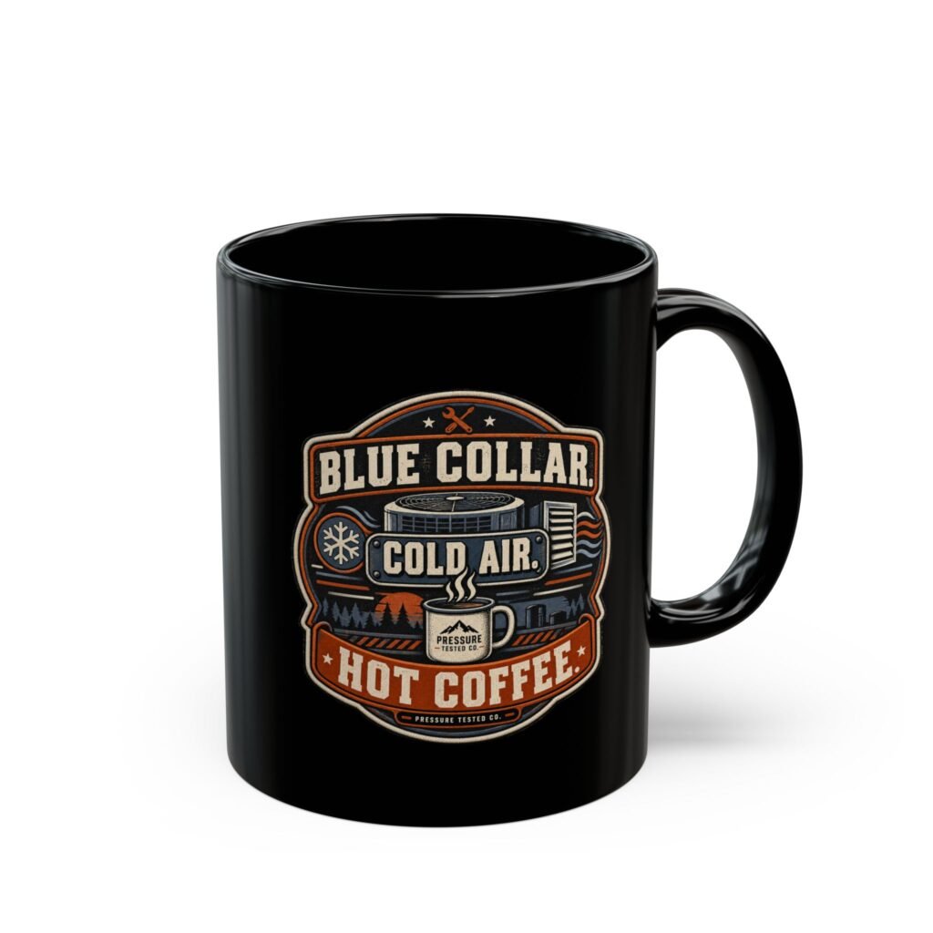HVAC Mug — "Blue Collar. Cold Air. Hot Coffee." Black Coffee Cup (11oz / 15oz)