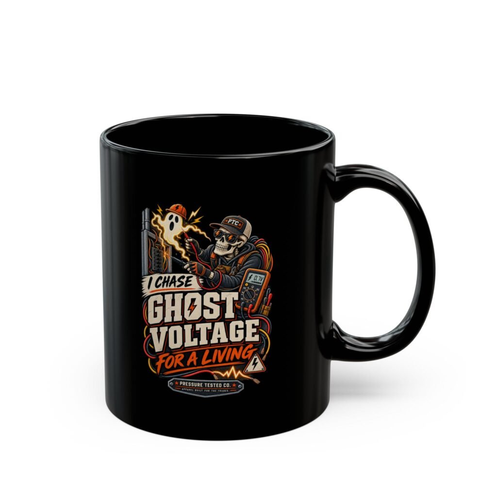 Ghost Voltage Mug — "I Chase Ghost Voltage for a Living" Electrician Coffee Cup (Black 11 oz/15 oz)