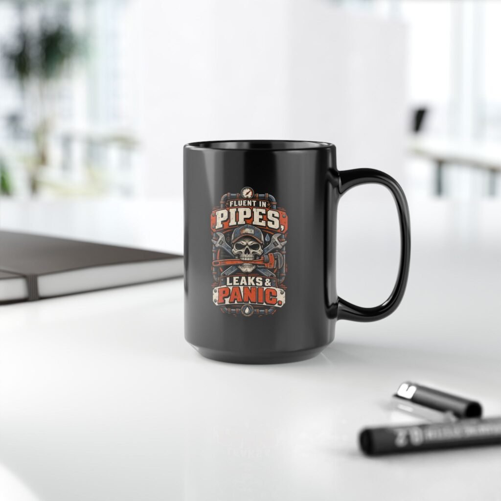 Plumber Skull Mug — "Fluent in Pipes, Leaks and Panic" Black Coffee Cup (11oz/15oz)