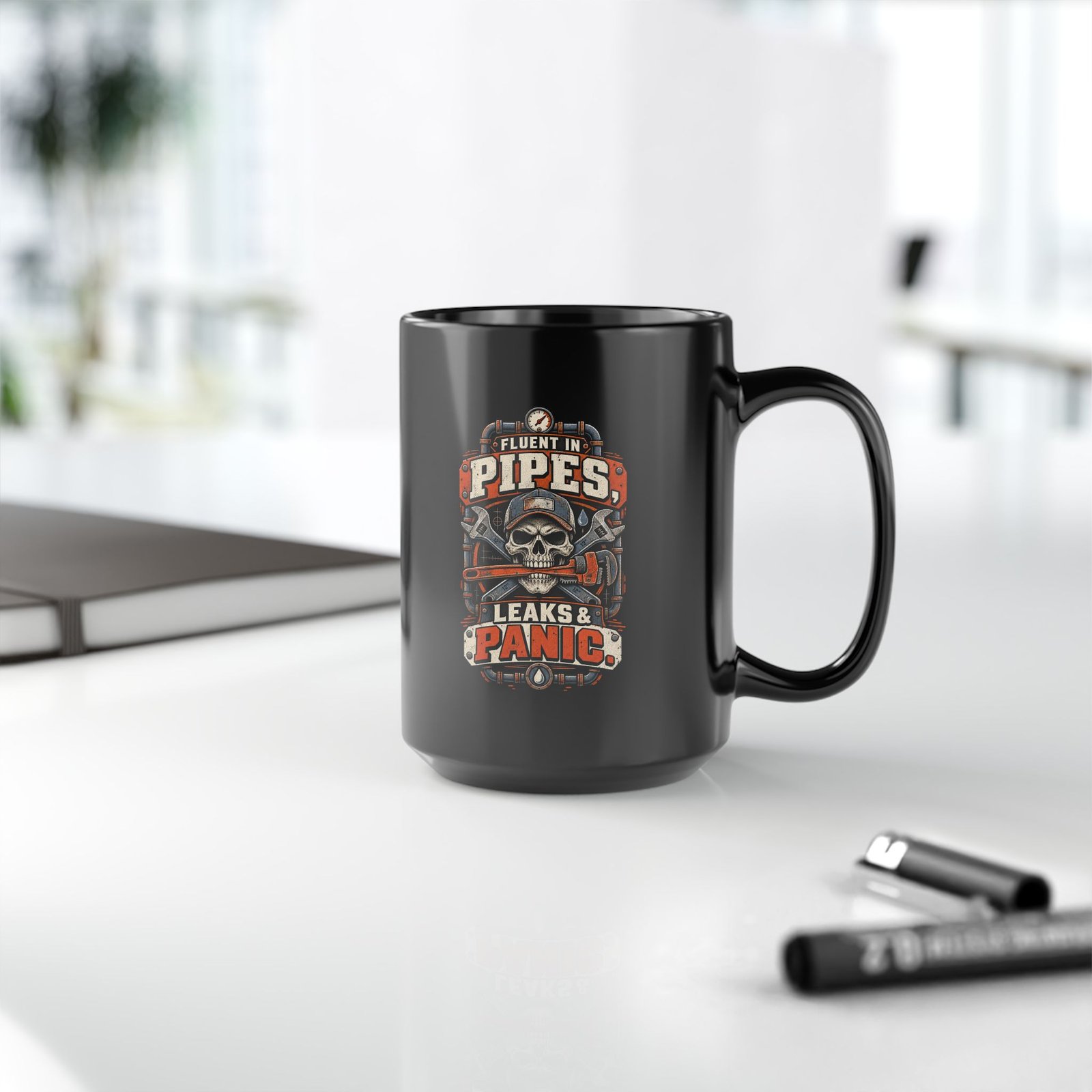 Plumber Skull Mug — "Fluent in Pipes, Leaks and Panic" Black Coffee Cup (11oz/15oz) - Image 5
