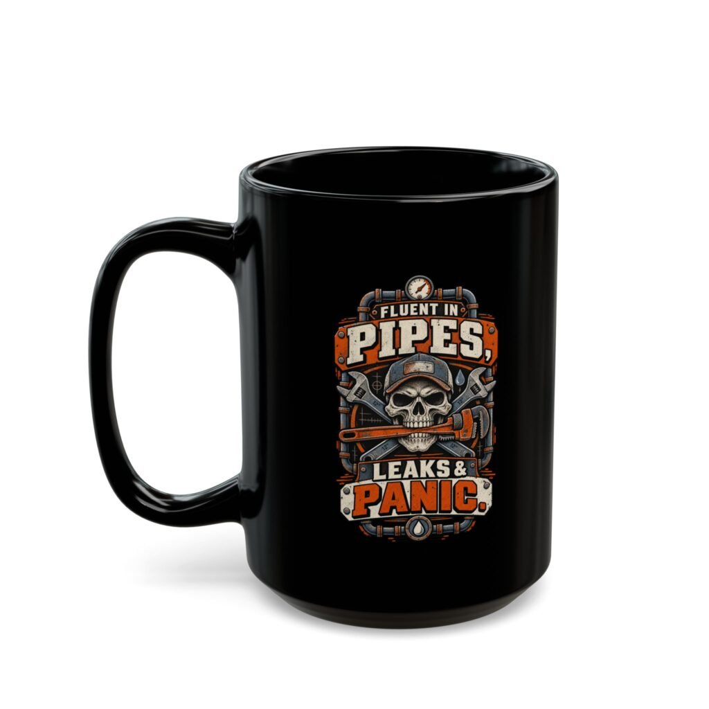 Plumber Skull Mug — "Fluent in Pipes, Leaks and Panic" Black Coffee Cup (11oz/15oz)