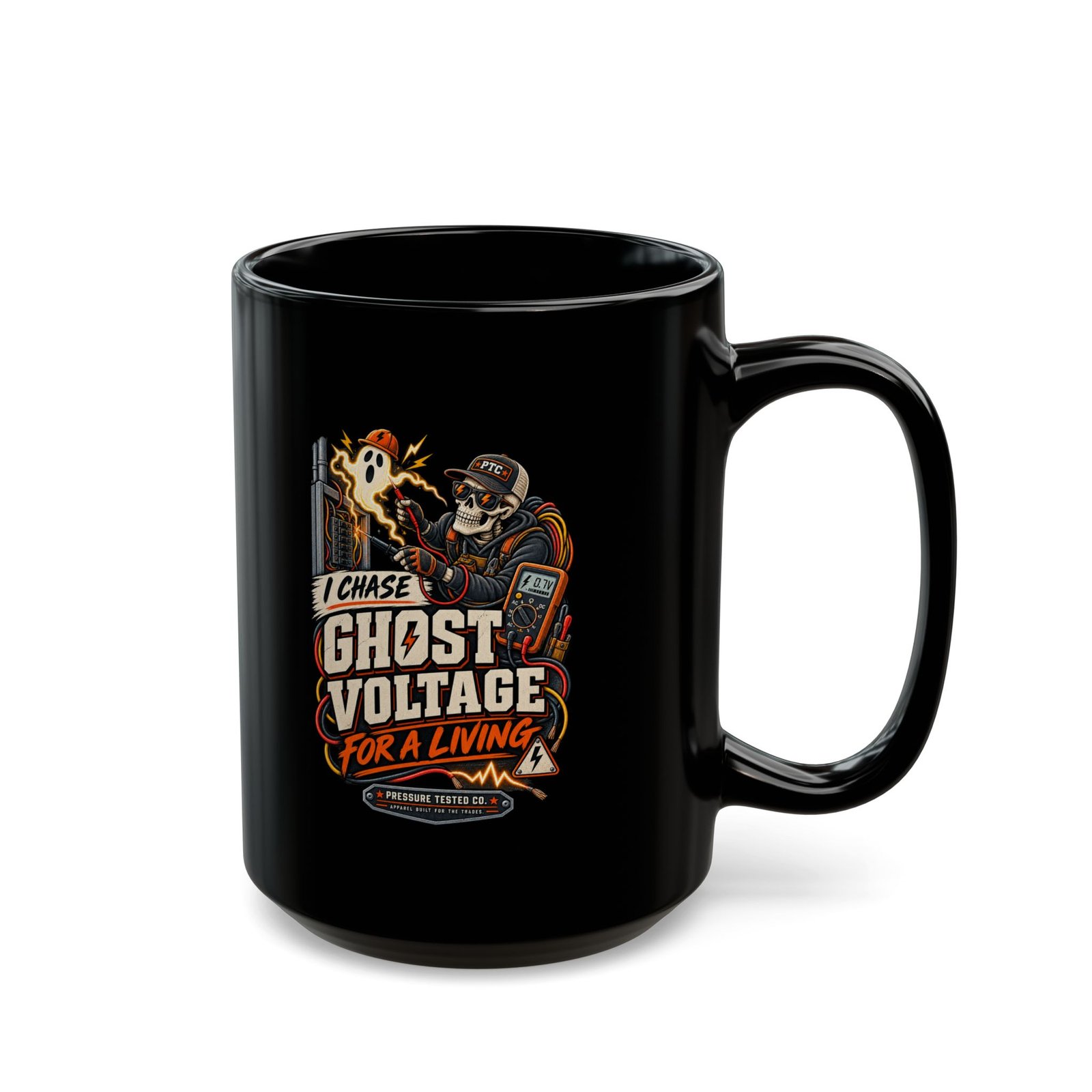 Ghost Voltage Mug — "I Chase Ghost Voltage for a Living" Electrician Coffee Cup (Black 11 oz/15 oz) - Image 2