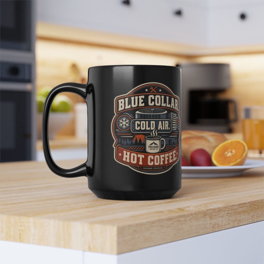 HVAC Mug — "Blue Collar. Cold Air. Hot Coffee." Black Coffee Cup (11oz / 15oz)