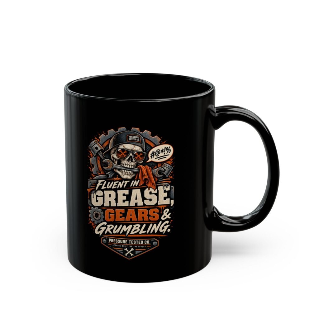 Mechanic Skull Mug — "Fluent in Grease, Gears and Grumbling" Black Coffee Cup (11oz/15oz)