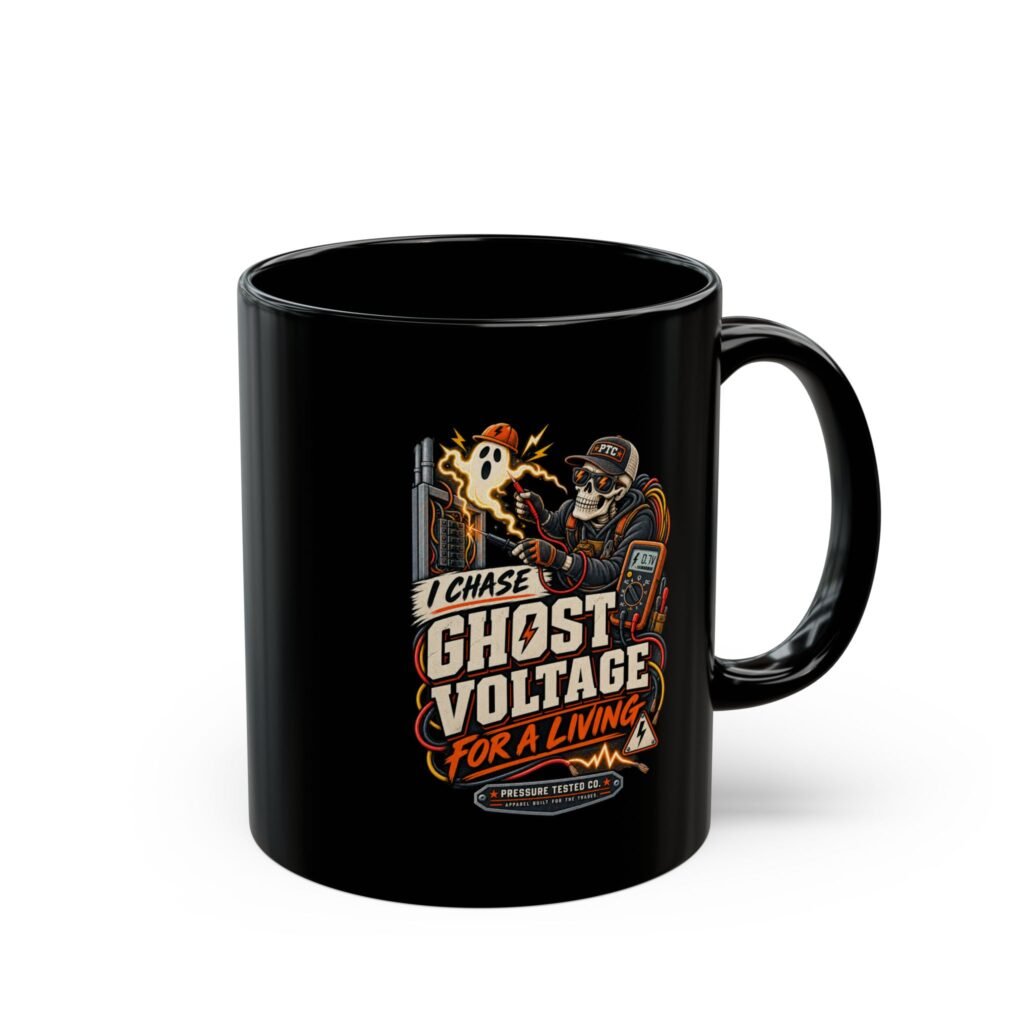 Ghost Voltage Mug — "I Chase Ghost Voltage for a Living" Electrician Coffee Cup (Black 11 oz/15 oz)