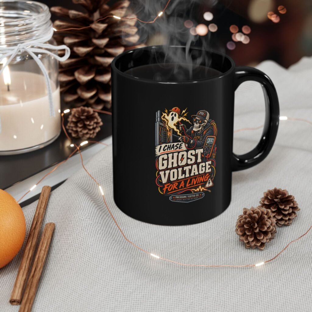 Ghost Voltage Mug — "I Chase Ghost Voltage for a Living" Electrician Coffee Cup (Black 11 oz/15 oz)