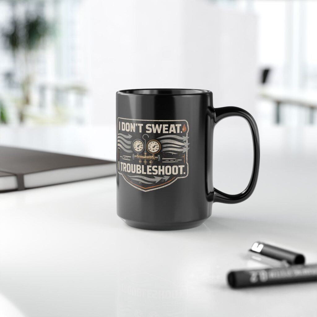 HVAC Tech Coffee Cup – "I Don't Sweat. I Troubleshoot." Retro Tech Mug (Black 11oz / 15oz)
