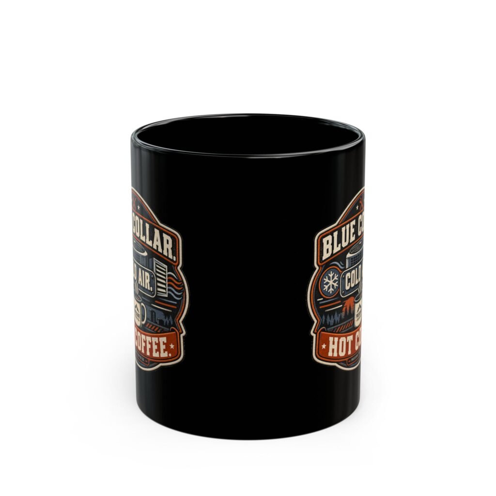 HVAC Mug — "Blue Collar. Cold Air. Hot Coffee." Black Coffee Cup (11oz / 15oz)